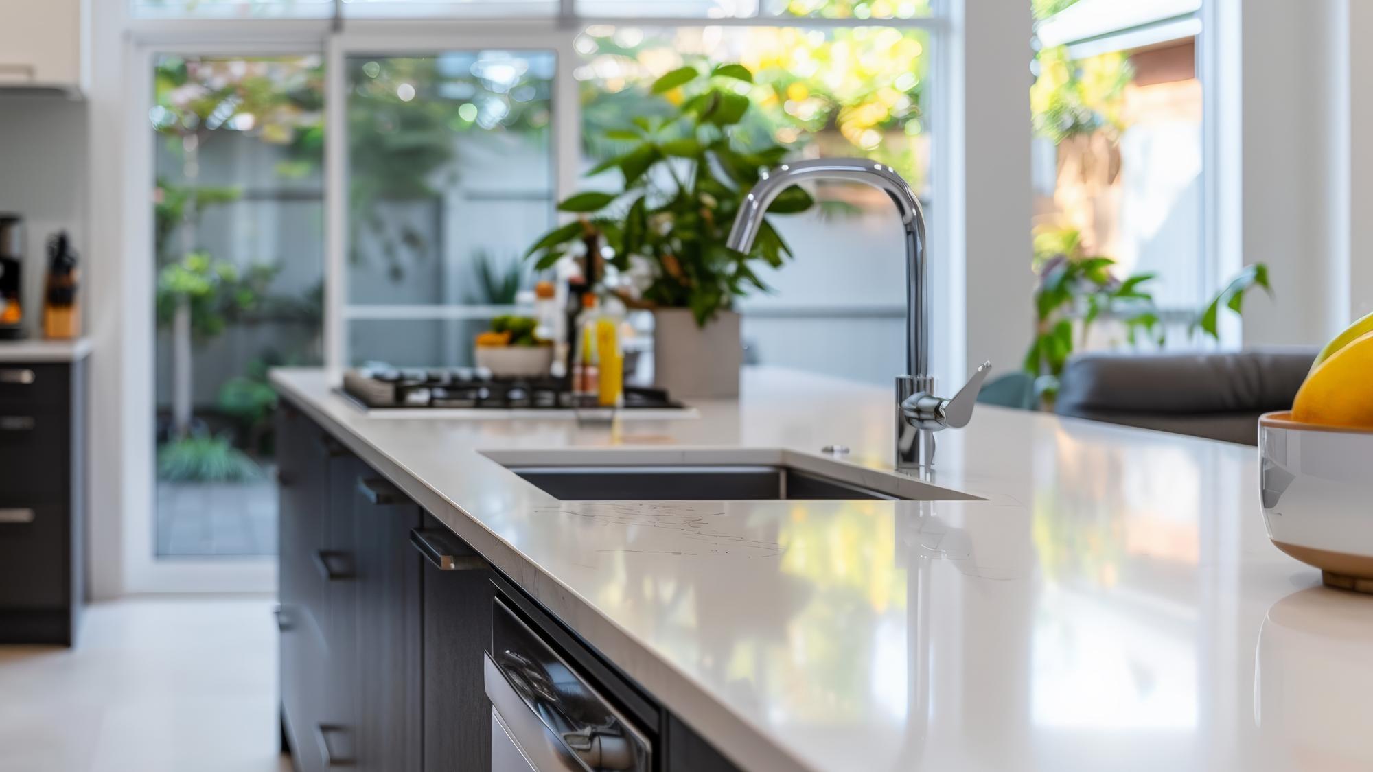 A modern kitchen featuring a sleek countertop, a stainless steel sink with a polished faucet, and a gas stove. Large windows provide natural light, and plants are visible in the background, adding a touch of greenery.